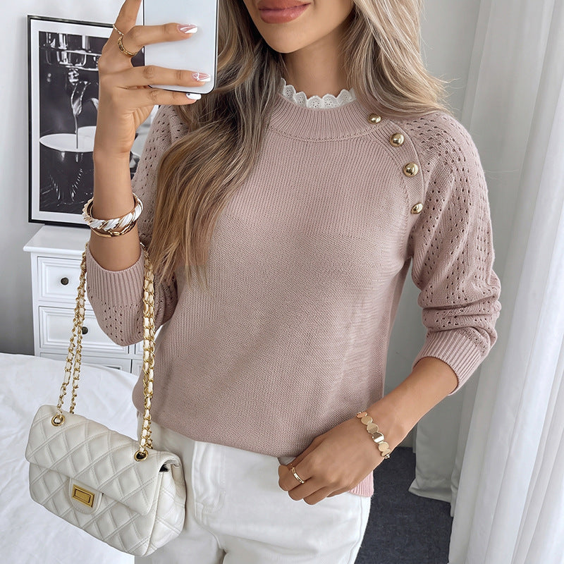Damen Bequemer Pullover mit Lochmuster und Knopfdetails Shop Nory