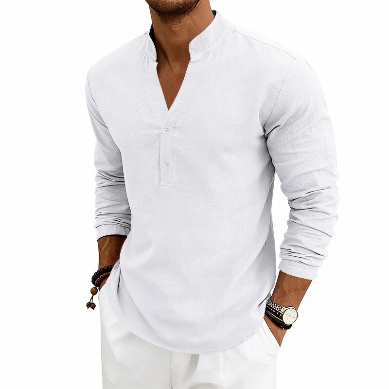 Herren Casual-Langarmhemd aus Leinen mit Stehkragen und kurzer Knopfleiste Shop Nory