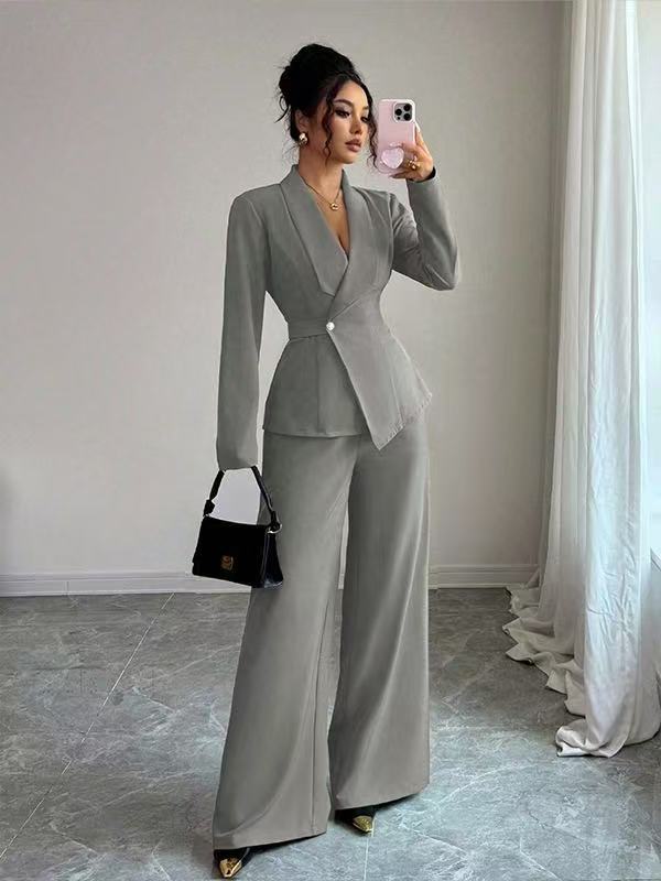 Damen tailliertes Hosenanzug-Set mit asymmetrischem Blazer und weitem Bein Shop Nory