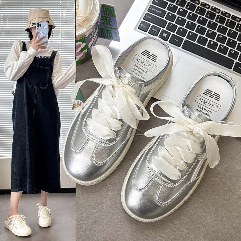 Damen Satin-Schnürpantoffel Mule-Sneaker mit offener Fersenpartie und Metallic-Optik Shop Nory