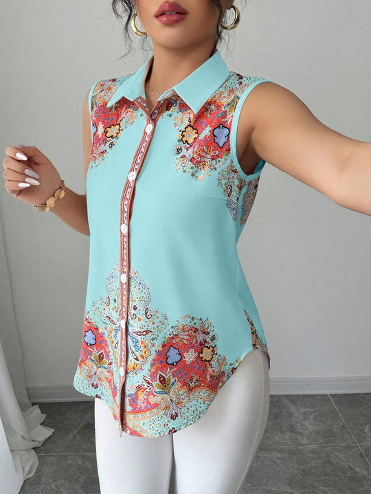 Damen Ärmellose Hemdbluse mit Kentkragen, A-Linien-Silhouette und durchgehender Knopfleiste Shop Nory