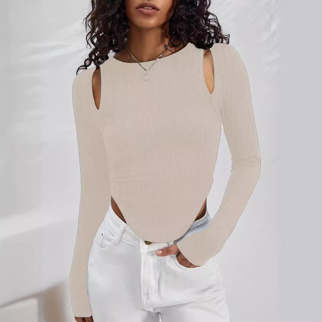 Damen Langarmshirt mit asymmetrischem Cut-Out und Rippstruktur