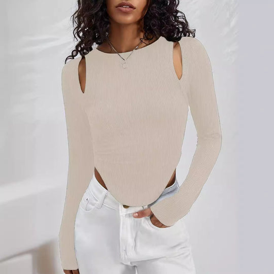 Damen Langarmshirt mit asymmetrischem Cut-Out und Rippstruktur