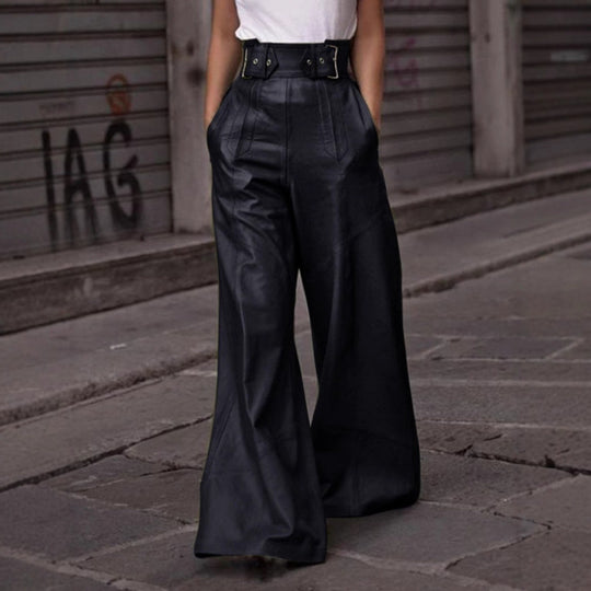 Damen weite High-Waist Palazzo-Hose aus Lederimitat mit Breitbund Shop Nory