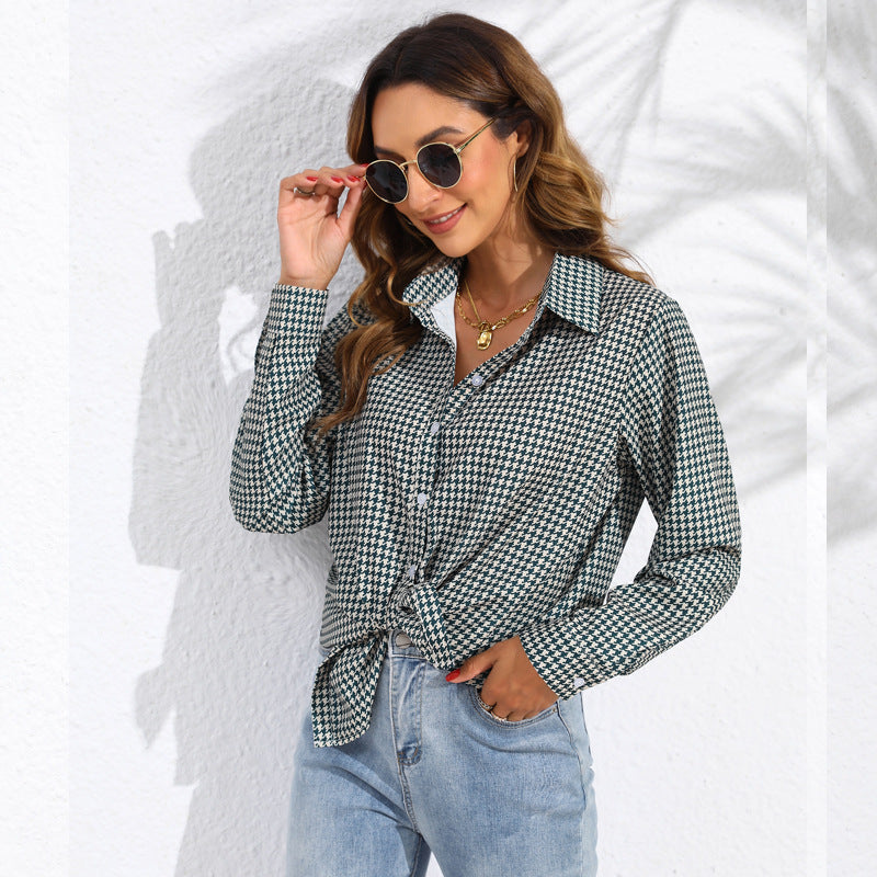 Damen nan geknotete Hahnentritt-Bluse mit Hemdkragen und durchgehender Knopfleiste Shop Nory