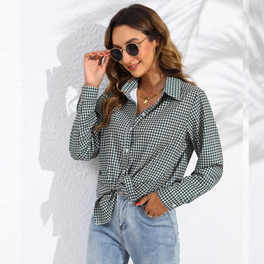 Damen nan geknotete Hahnentritt-Bluse mit Hemdkragen und durchgehender Knopfleiste Shop Nory