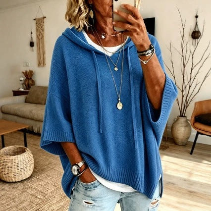 Damen Oversize Strickponcho mit Kapuze und kurzen Ärmeln Shop Nory