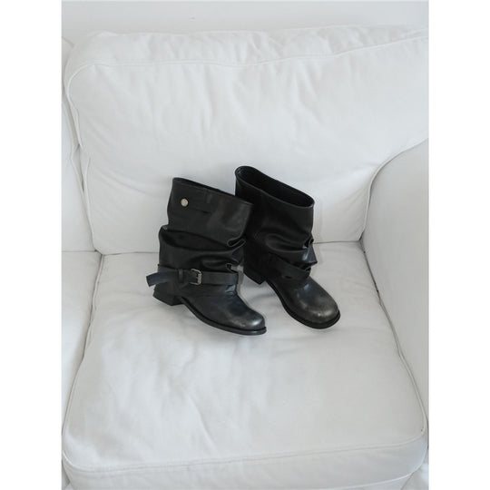 Damen Biker-Stiefel mit lässig geschlagenem Schaft, Schnallenriemen und niedrigem Blockabsatz Shop Nory