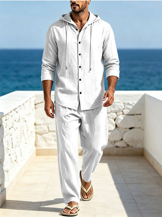 Herren Atmungsaktives Baumwoll-Gauze Loungewear-Set mit Kapuzenhemd und weiten Sommerhosen Shop Nory