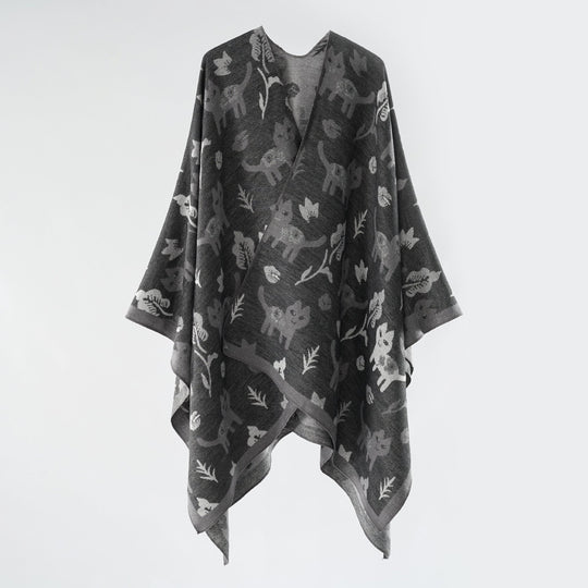 Damen Oversized Ruana im Jacquard mit Katzen- & Blumenmotiv Shop Nory