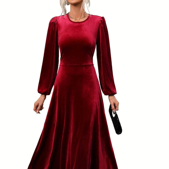 Damen elegantes Samt-Maxikleid mit taillierter Corsage, langen Ballonärmeln und fließender A-Linien-Rock Shop Nory