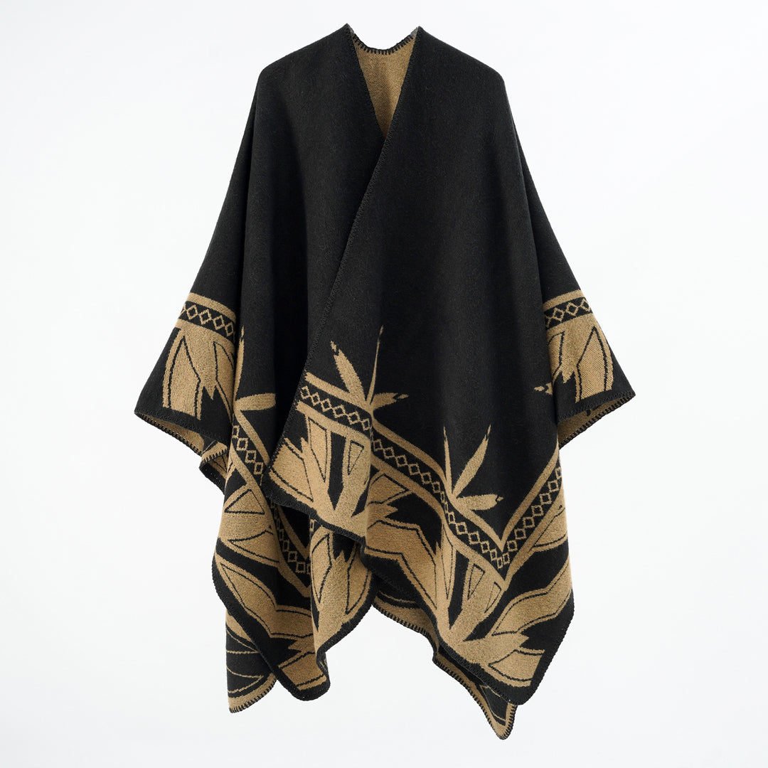 Damen Grobgewebter Umhangponcho aus Wollmix mit V-Ausschnitt und Ornamentjacquard Shop Nory