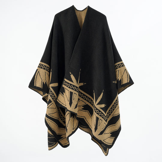 Damen Grobgewebter Umhangponcho aus Wollmix mit V-Ausschnitt und Ornamentjacquard Shop Nory