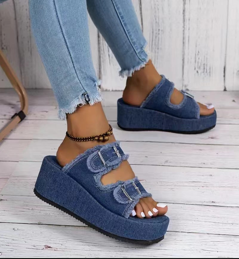 Damen bequeme Plattformsandalen aus Denim mit doppeltem Riemen