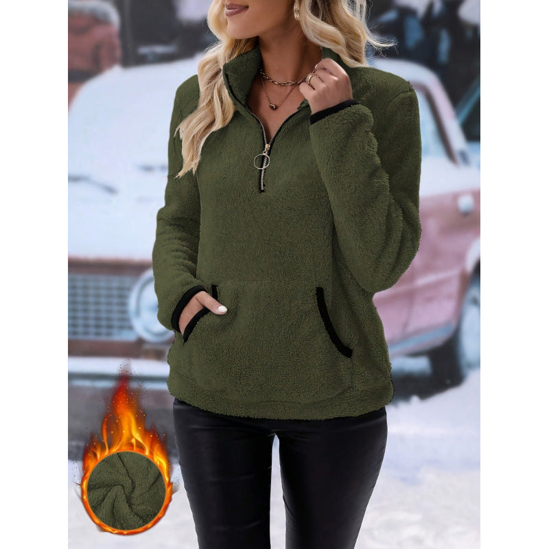 Damen flauschiger Fleece-Kuschelpullover mit halbem Reißverschluss, Kängurutasche und Stehkragen Shop Nory