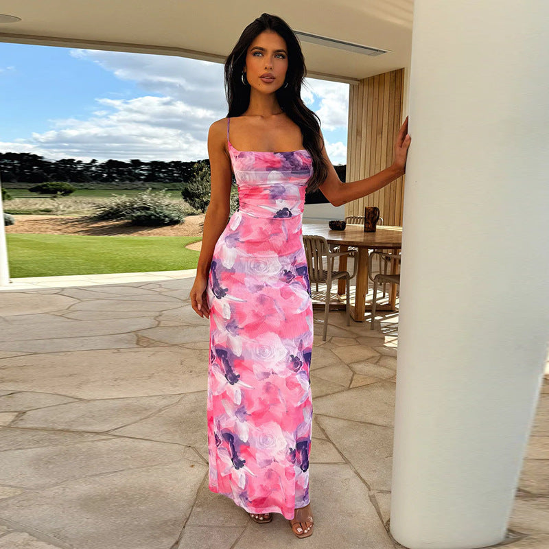 Damen elegantes Langarm-Maxikleid mit floralem Design und schmaler Silhouette