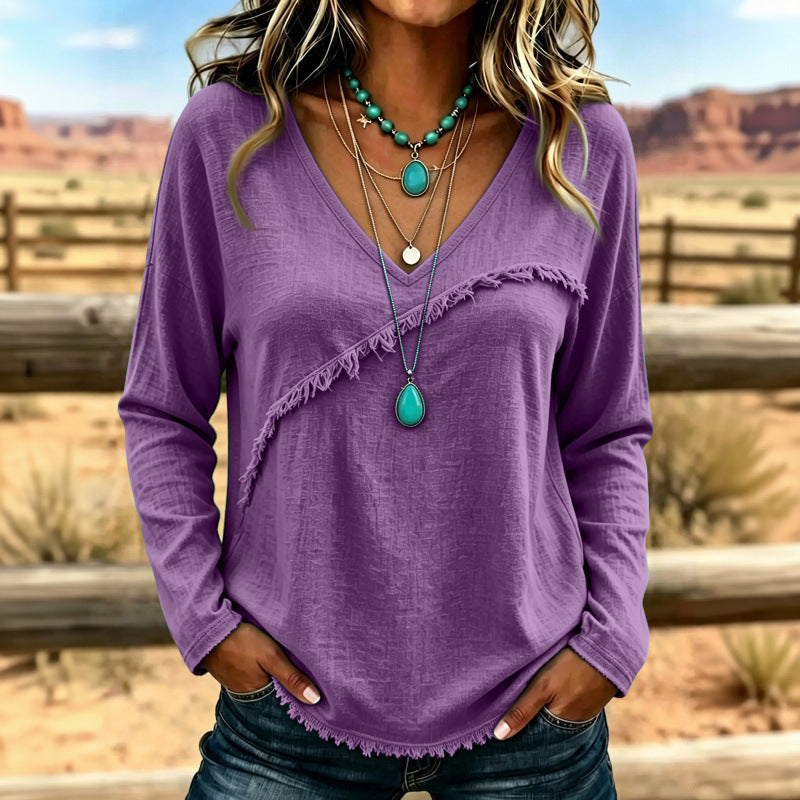 Damen Lässiges V-Ausschnitt Langarmshirt mit diagonaler Fransenblende und Strukturstoff Shop Nory