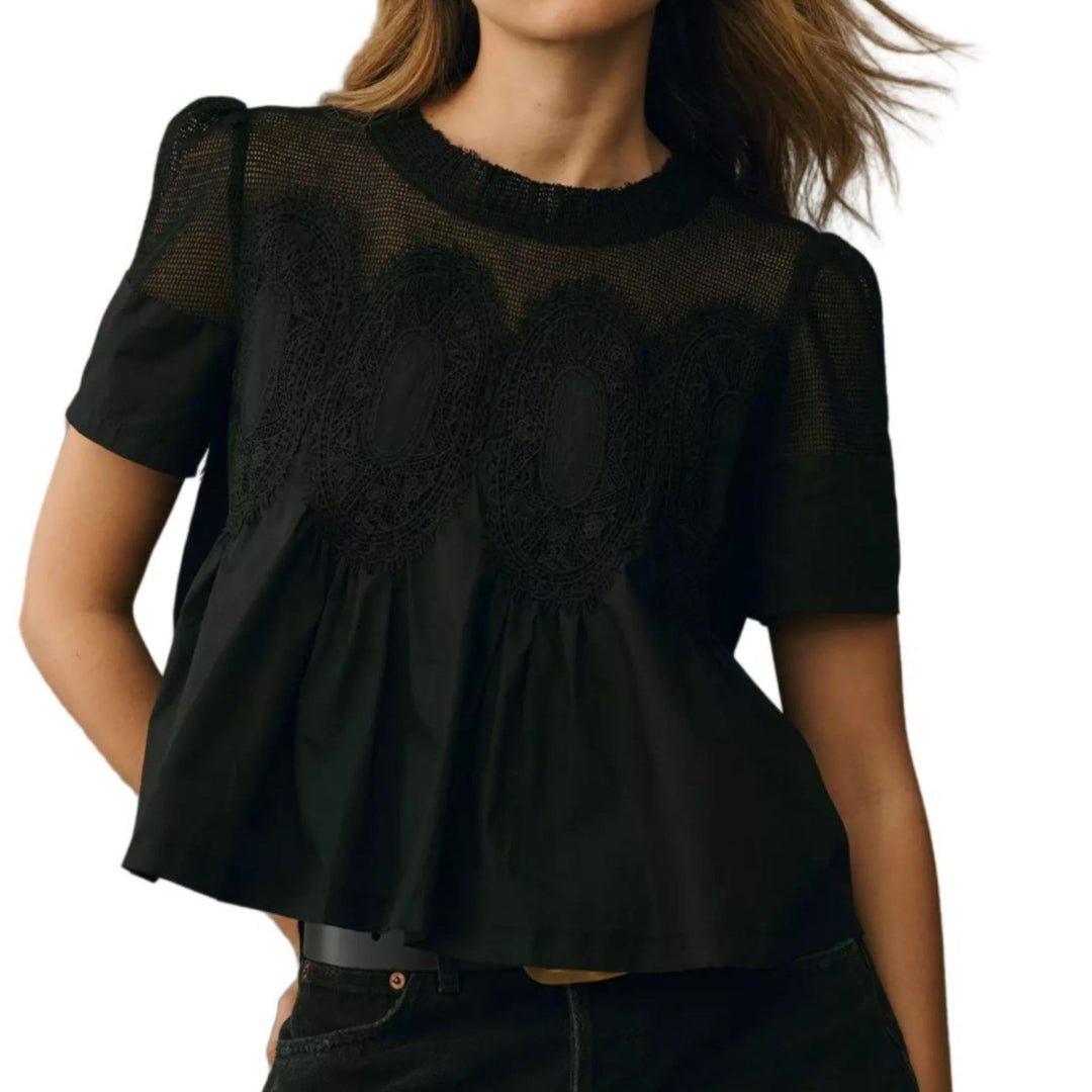 Damen Spitzenblusen-Top mit Stehkragen, Netz-Einsatz und geraffter A-Linien-Silhouette Shop Nory