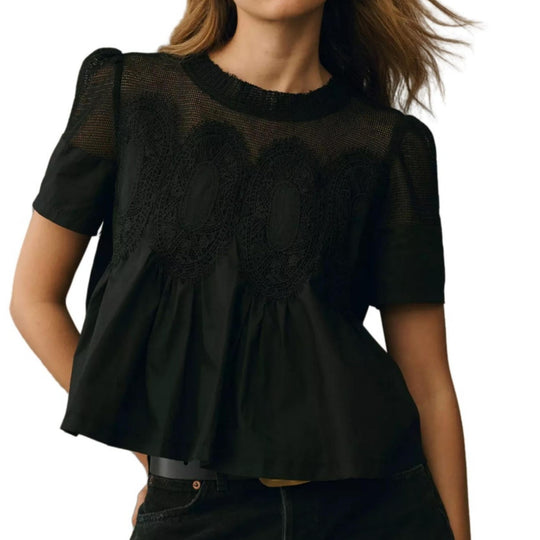 Damen Spitzenblusen-Top mit Stehkragen, Netz-Einsatz und geraffter A-Linien-Silhouette Shop Nory