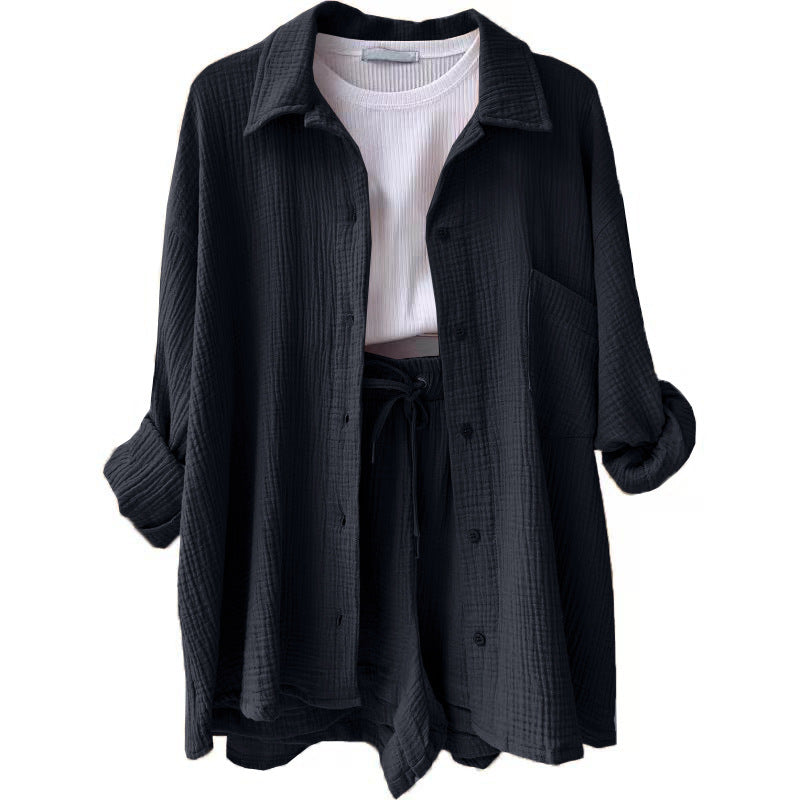 Damen nan lässiges oversized Hemd und Shorts Set mit Brusttasche Kordelbund und gerauter Baumwollstruktur Shop Nory