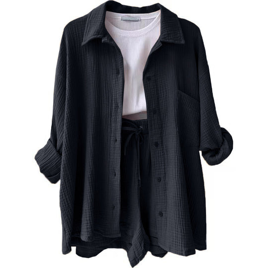Damen nan lässiges oversized Hemd und Shorts Set mit Brusttasche Kordelbund und gerauter Baumwollstruktur Shop Nory