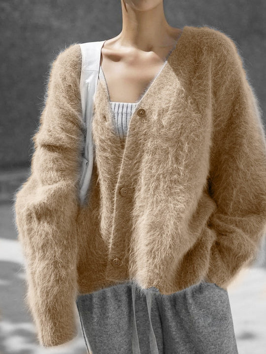 Damen Flauschige Mohair-Optik Strickjacke mit V-Ausschnitt und Oversize-Schnitt Shop Nory