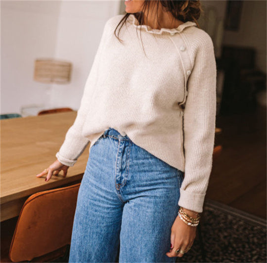 Damen Rippstrickpullover mit Rüschenkragen und seitlicher Knopfleiste Shop Nory
