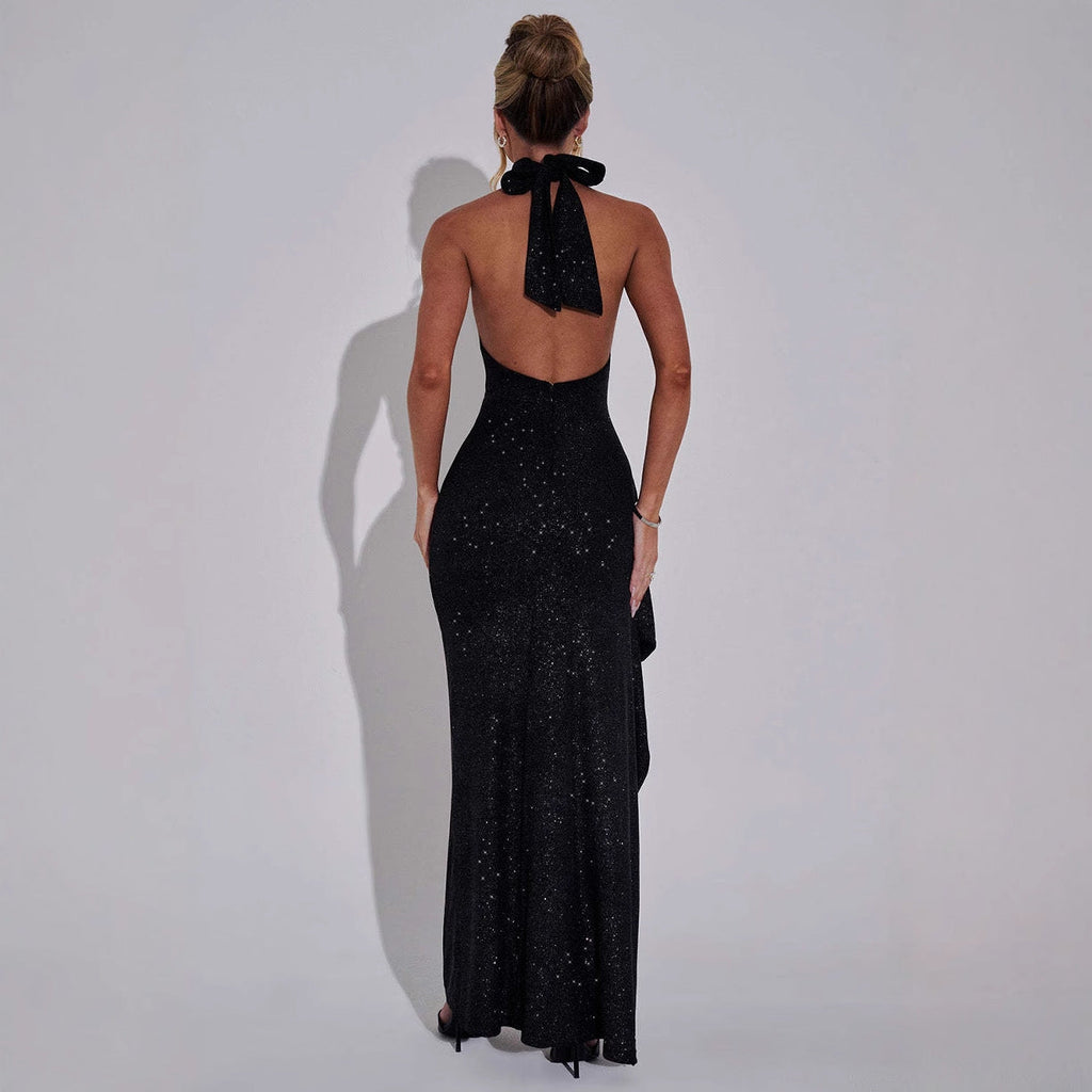 Damen Glamouröses Abendkleid mit Schlitz und Hochkragen