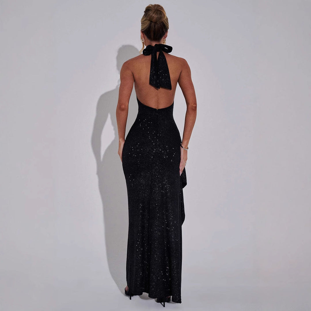Damen Glamouröses Abendkleid mit Schlitz und Hochkragen
