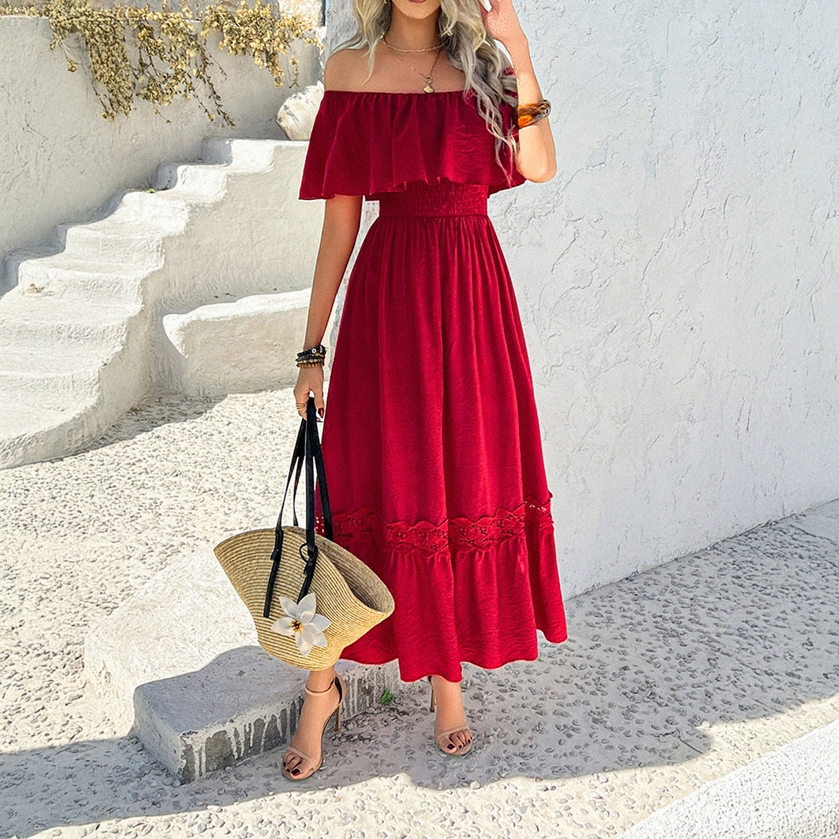 Damen Off-Shoulder Maxikleid mit Rüschendetails Shopnory