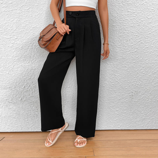Damen Weite Bundfalten-Hose mit hoher Taille und Knopfdetail Shop Nory