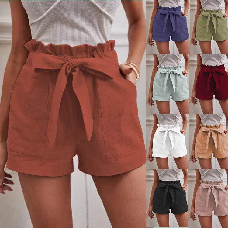 Damen kurze Lockere Leinenhose mit Bindegürtel