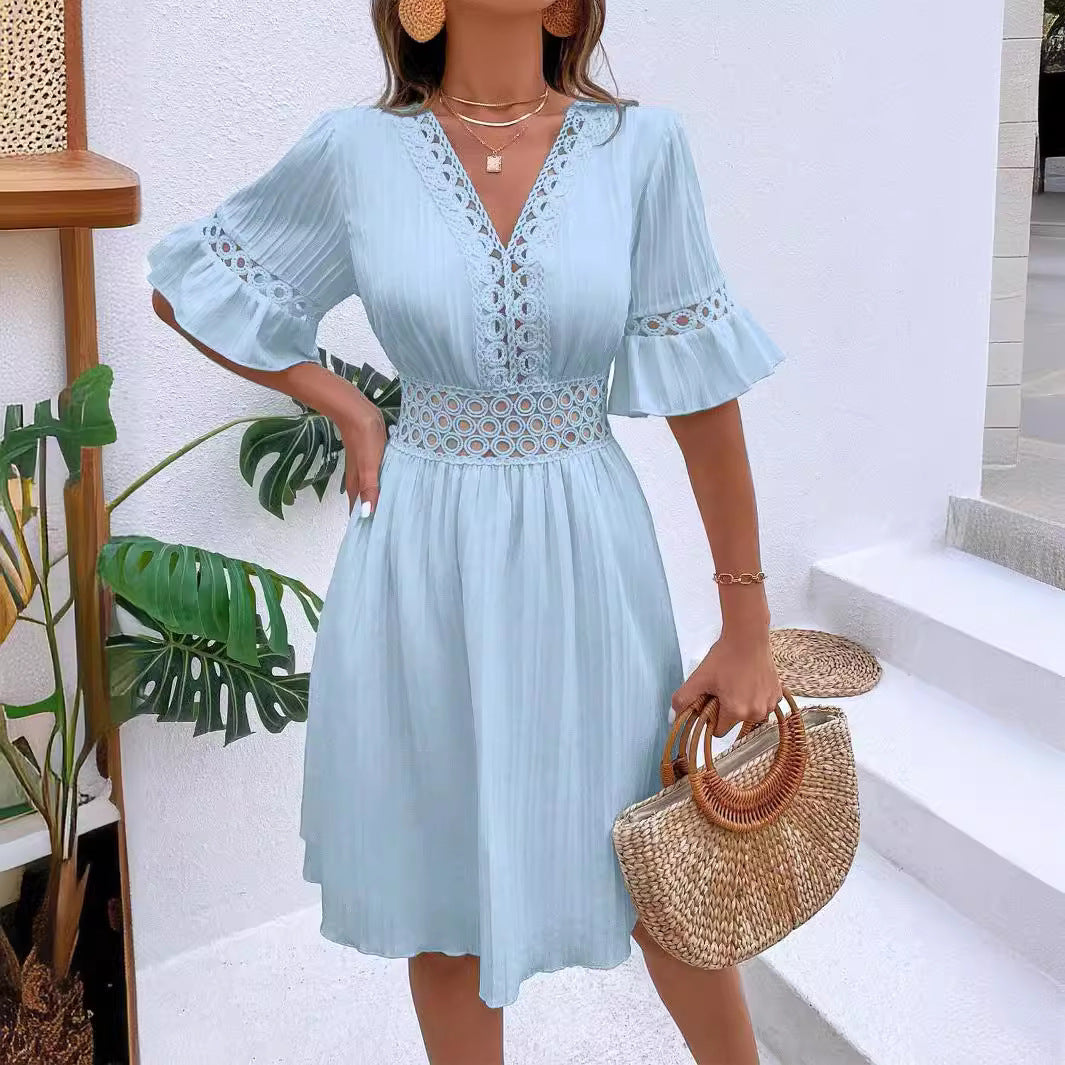 Damen Midikleid mit Plissee, Spitzeneinsatz in der Taille und Volantärmeln Shop Nory