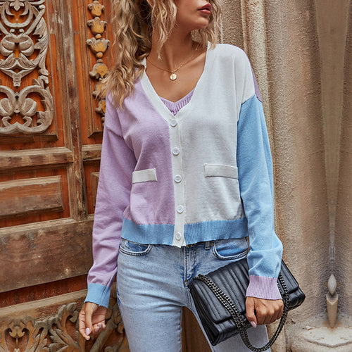 Damen Leichter Colorblock-Cardigan im Pastellmix mit V‑Ausschnitt & Knopfleiste Shop Nory