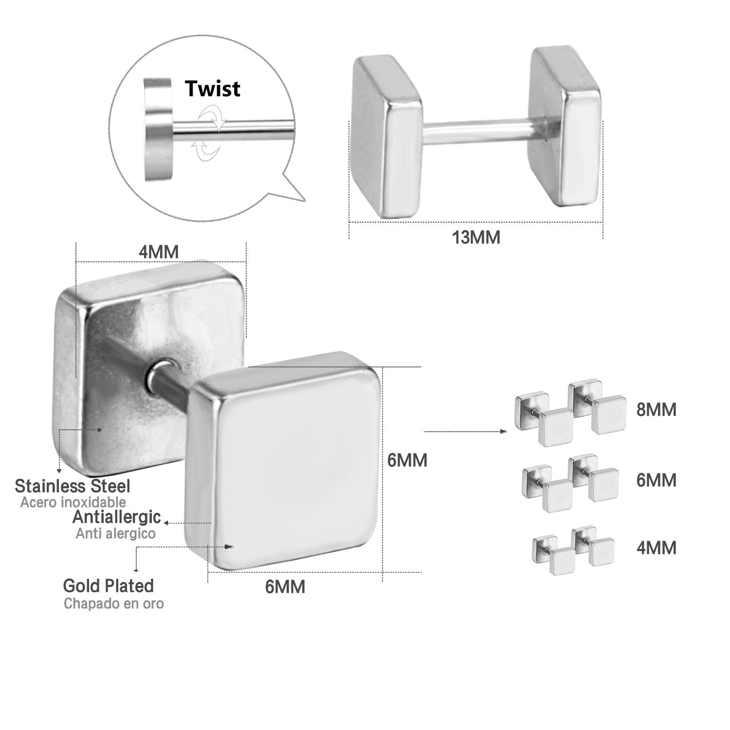 Damen quadratische Edelstahl Ohrstecker mit antiallergischer Beschichtung Shop Nory