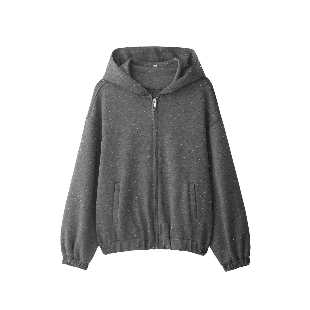 Damen Oversized Kapuzenjacke mit durchgehendem Reißverschluss, elastischem Saum und dezentem Punktmuster Shop Nory