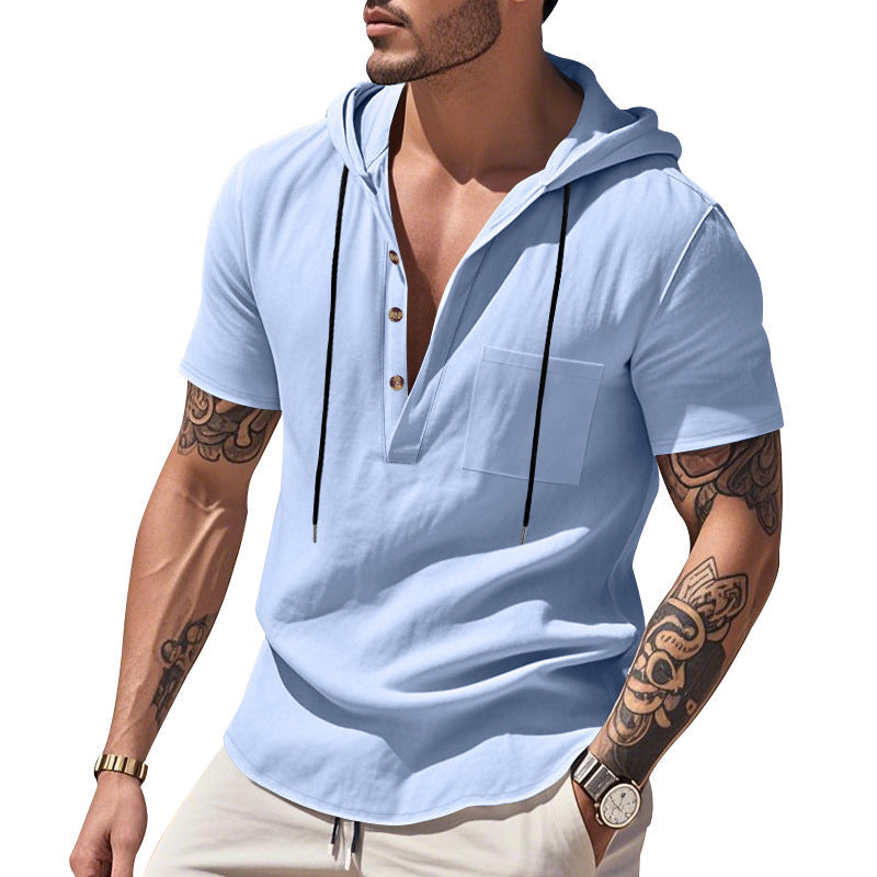 Herren nan legere Kurzarm-Kapuzen-Henley aus Single-Jersey mit Brusttasche und Kontrastkordel