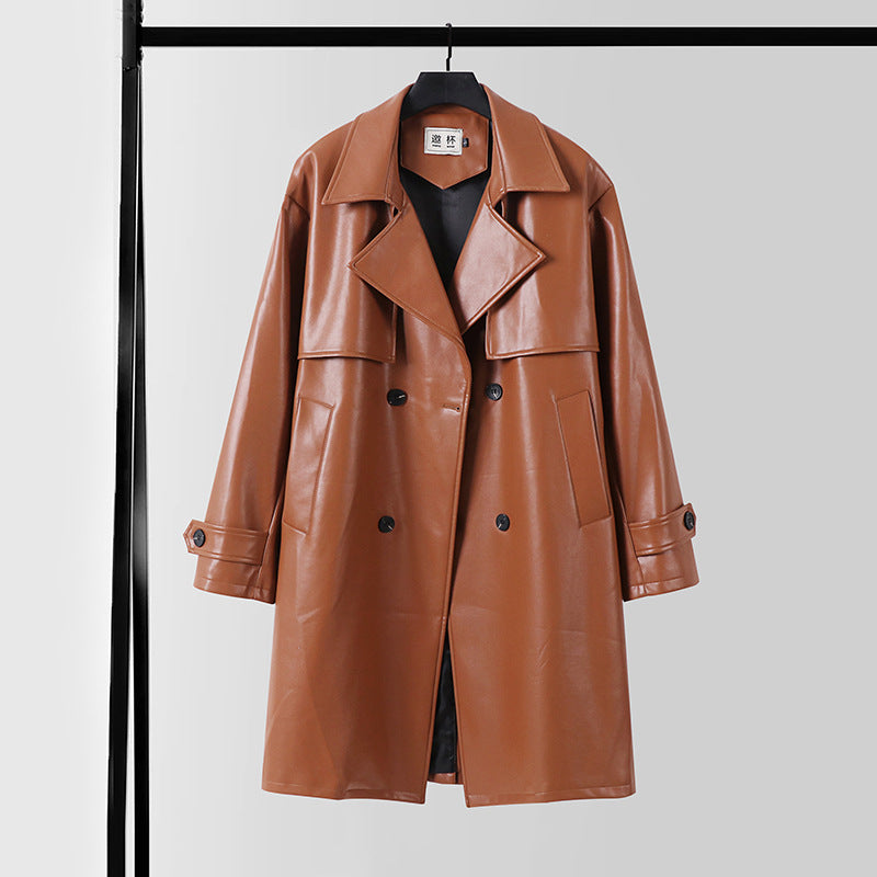 Herren Lederimitat-Trenchcoat mit Doppelreiher, Oversize-Schnitt und Manschettenriegel Shop Nory