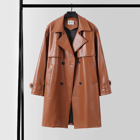 Herren Lederimitat-Trenchcoat mit Doppelreiher, Oversize-Schnitt und Manschettenriegel Shop Nory