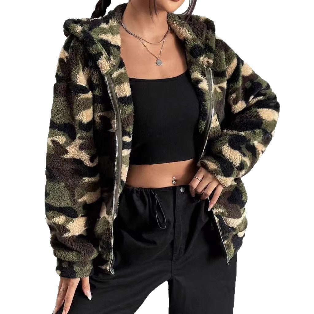 Damen Teddy-Fleece Kapuzenjacke im Camouflage-Look Shop Nory