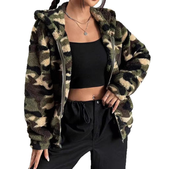 Damen Teddy-Fleece Kapuzenjacke im Camouflage-Look Shop Nory