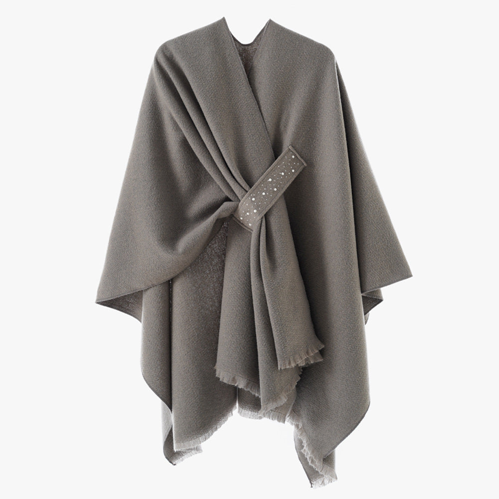 Damen Eleganter Wickel-Umhang aus Wollmischung mit Taillenschärpe und Fransensaum Shop Nory