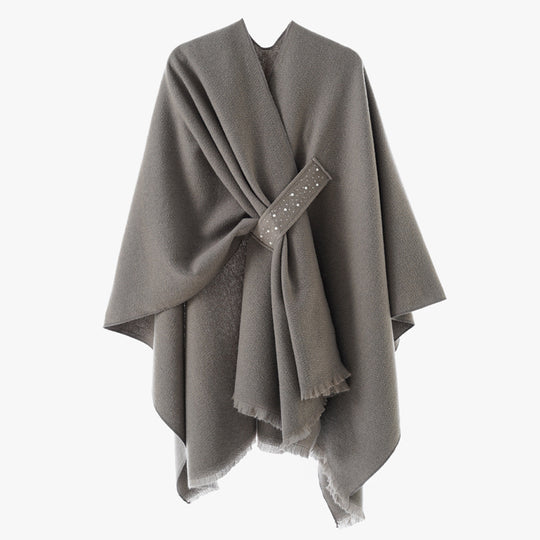 Damen Eleganter Wickel-Umhang aus Wollmischung mit Taillenschärpe und Fransensaum Shop Nory