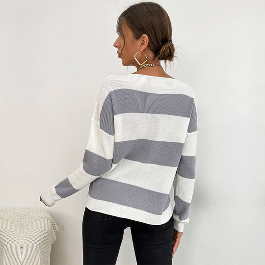 Damen Leichter Oversize‑Strickpullover mit V‑Ausschnitt und breitem Streifenmuster Shop Nory