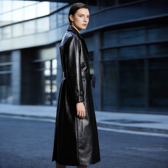 Damen Langer Lederoptik-Trenchcoat mit taillierendem Bindegürtel und Epauletten Shop Nory