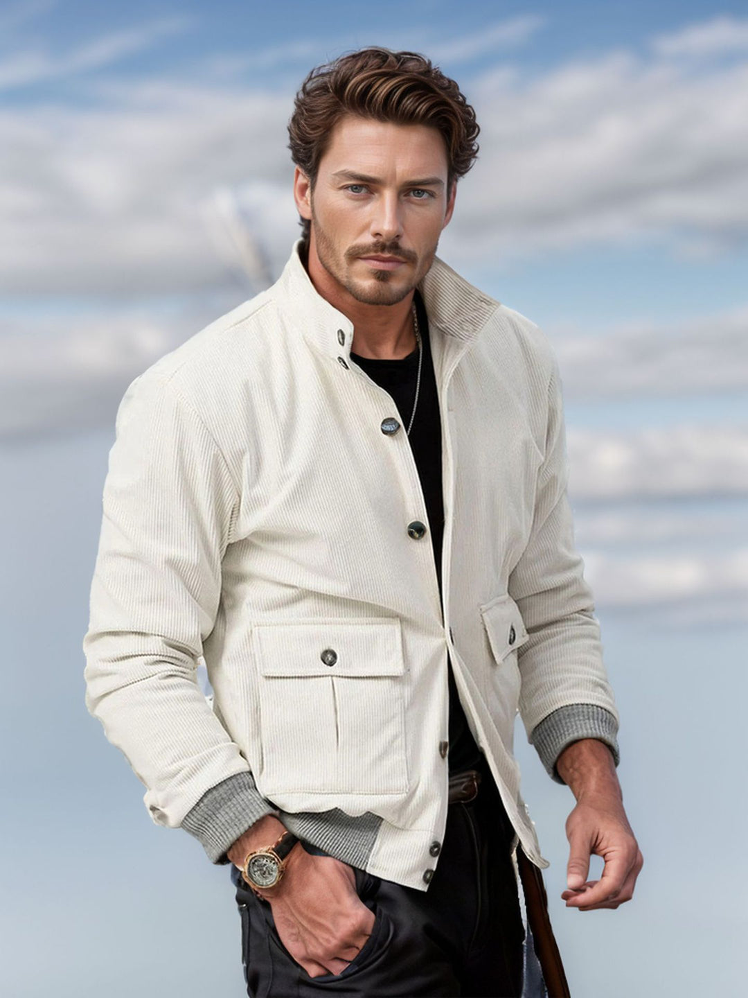 Herren Corduroy-Fieldjacke mit Pattentaschen und Stehkragen Shop Nory