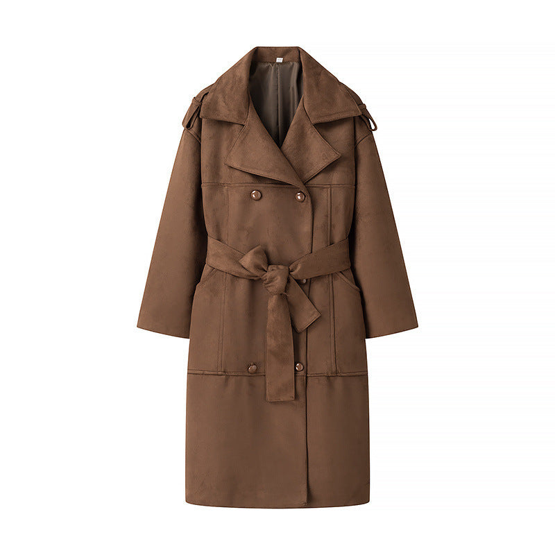 Damen Midilanger Oversize-Trenchcoat aus Veloursimitat mit doppelreihiger Knopfleiste, Schulterpatten und Bindegürtel Shop Nory