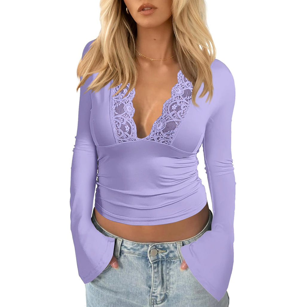 Damen Wickeloberteil mit Spitze und weitem Ärmel