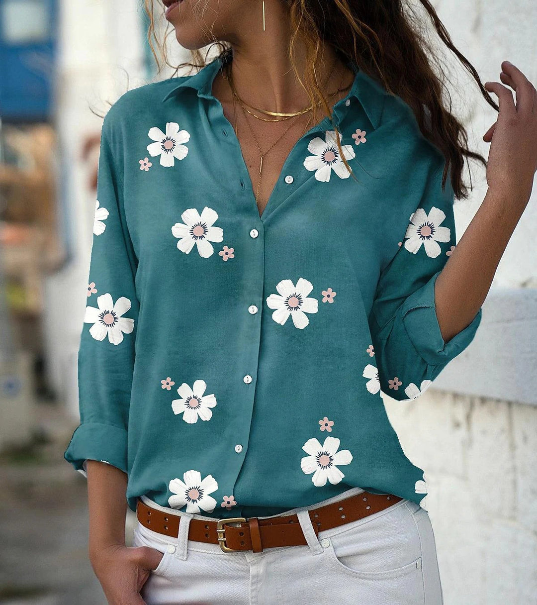 Damen Bluse mit Blumenmuster, Hemdkragen und lockerer Passform Shop Nory