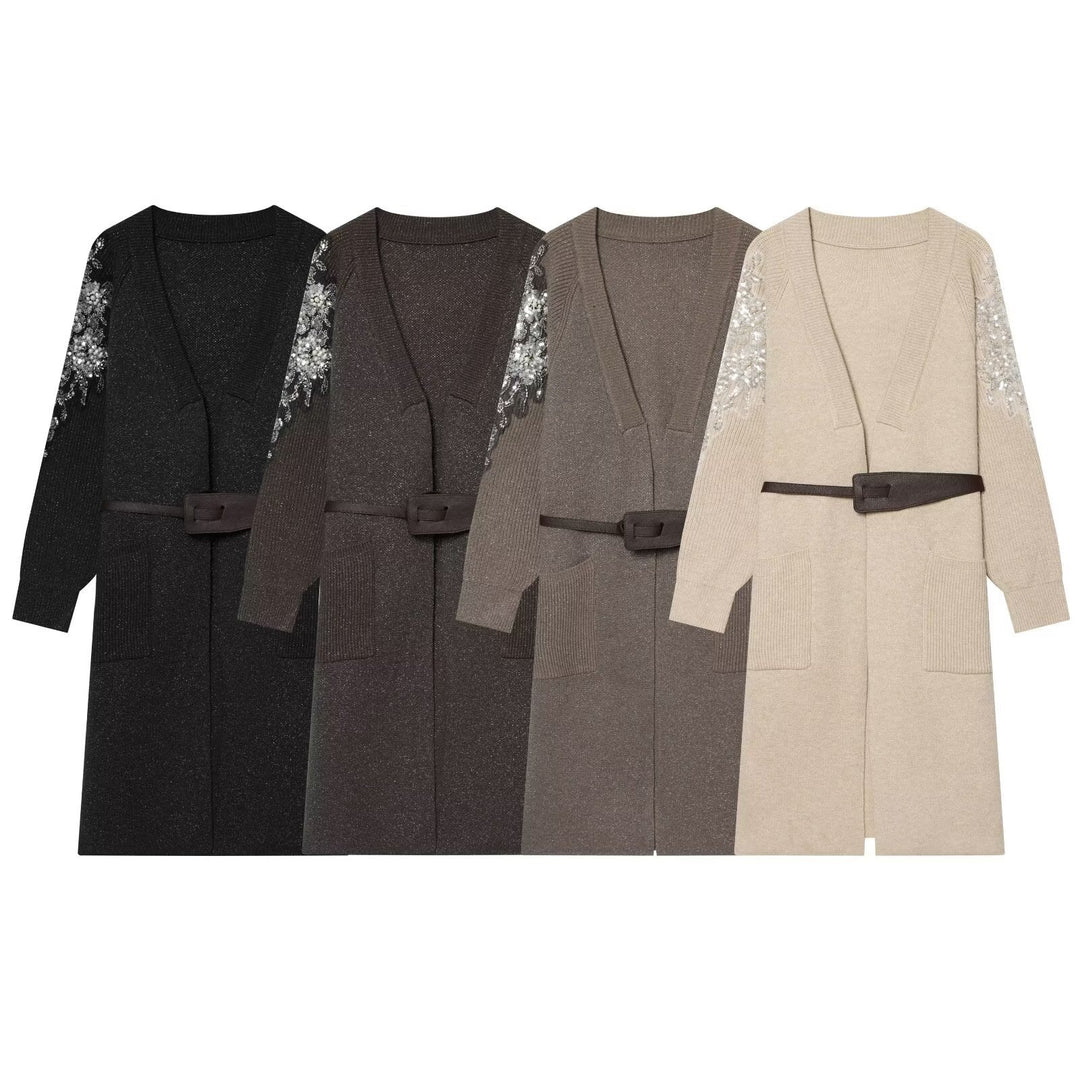 Damen Lange Strickmantel-Cardigan mit Taillengürtel und Paillettenärmeln Shop Nory